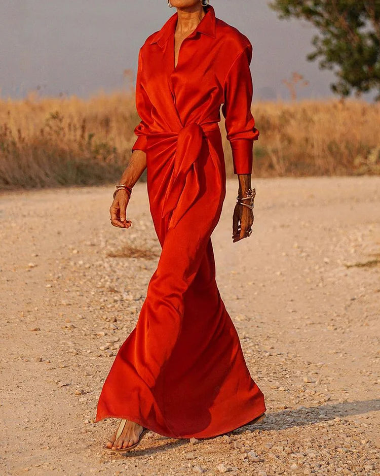 Vestido de solapa lisa con lazo y manga larga
