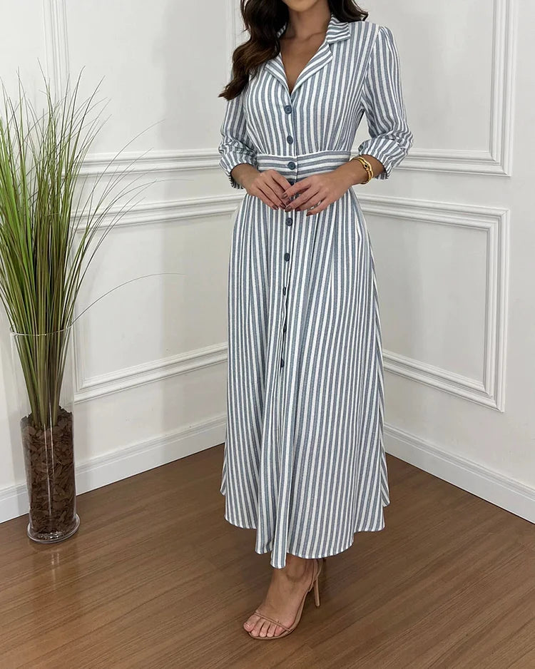 Vestido Camisero con Estampado de Rayas y Solapa