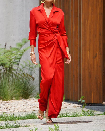 Vestido de solapa lisa con lazo y manga larga