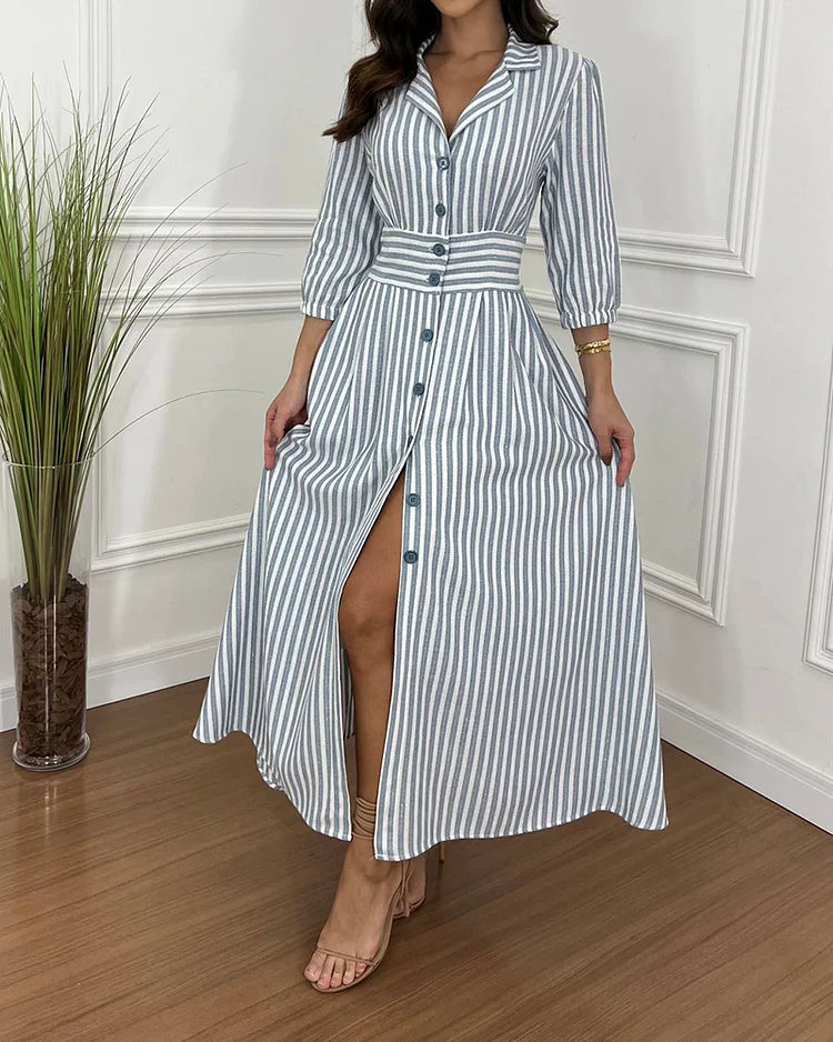 Vestido Camisero con Estampado de Rayas y Solapa