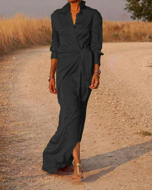 Vestido de solapa lisa con lazo y manga larga