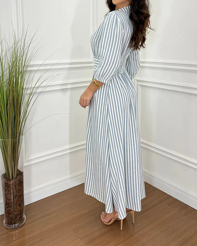 Vestido Camisero con Estampado de Rayas y Solapa